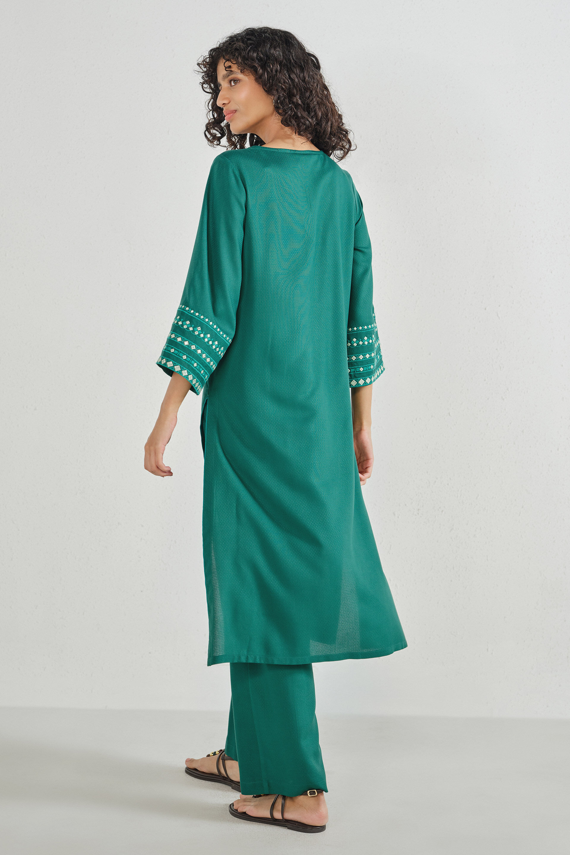 Teal Embroidered Long Kurta Set, Teal, image 6